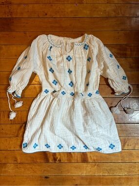 Liilu 100% Organic Cotton White Dress with Blue Floral Embroidery